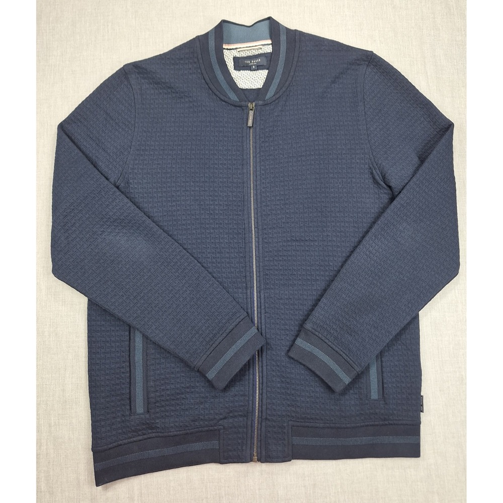 Ted Baker London Mens Akitaa Navy Blue Textured Knit Bomber Jacket Size 5 XL